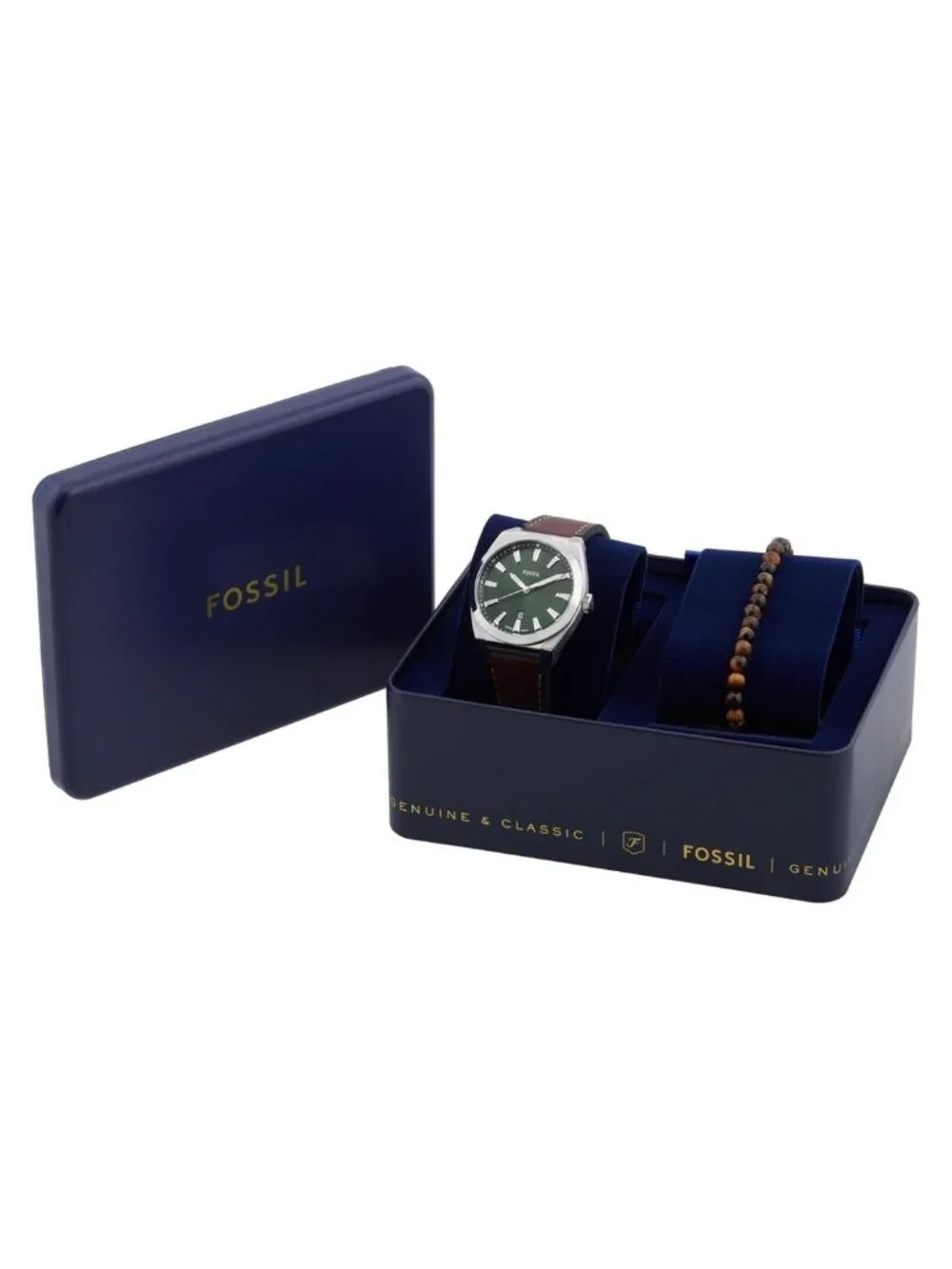 NWT Fossil Everett Quartz Green Dial Men's Watch Set